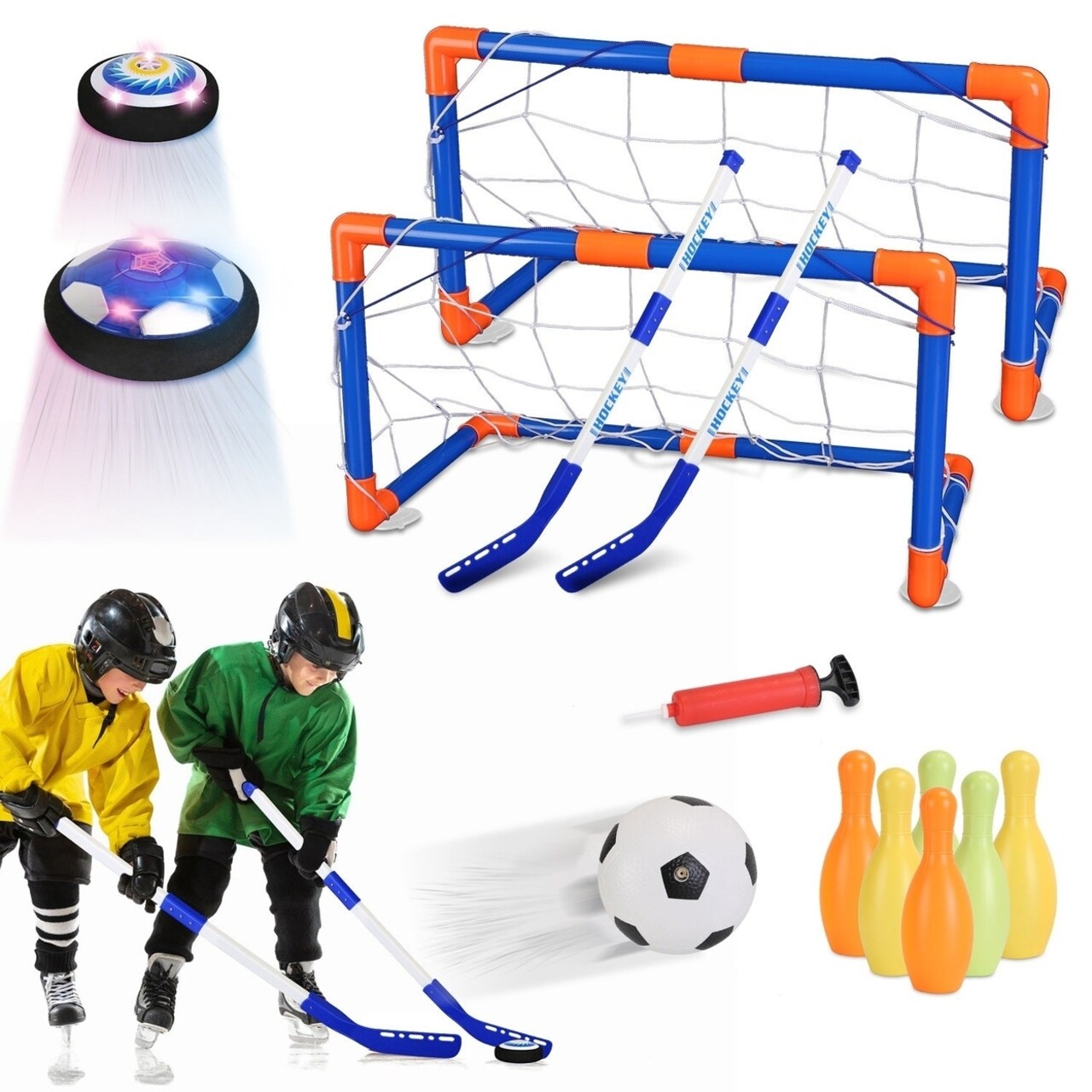 4 In 1 Hover Soccer Ball Toy Set Bowling Balls Goals Floating Soccer Ball Hockey With Colorful Led Lights Indoor Outdoor